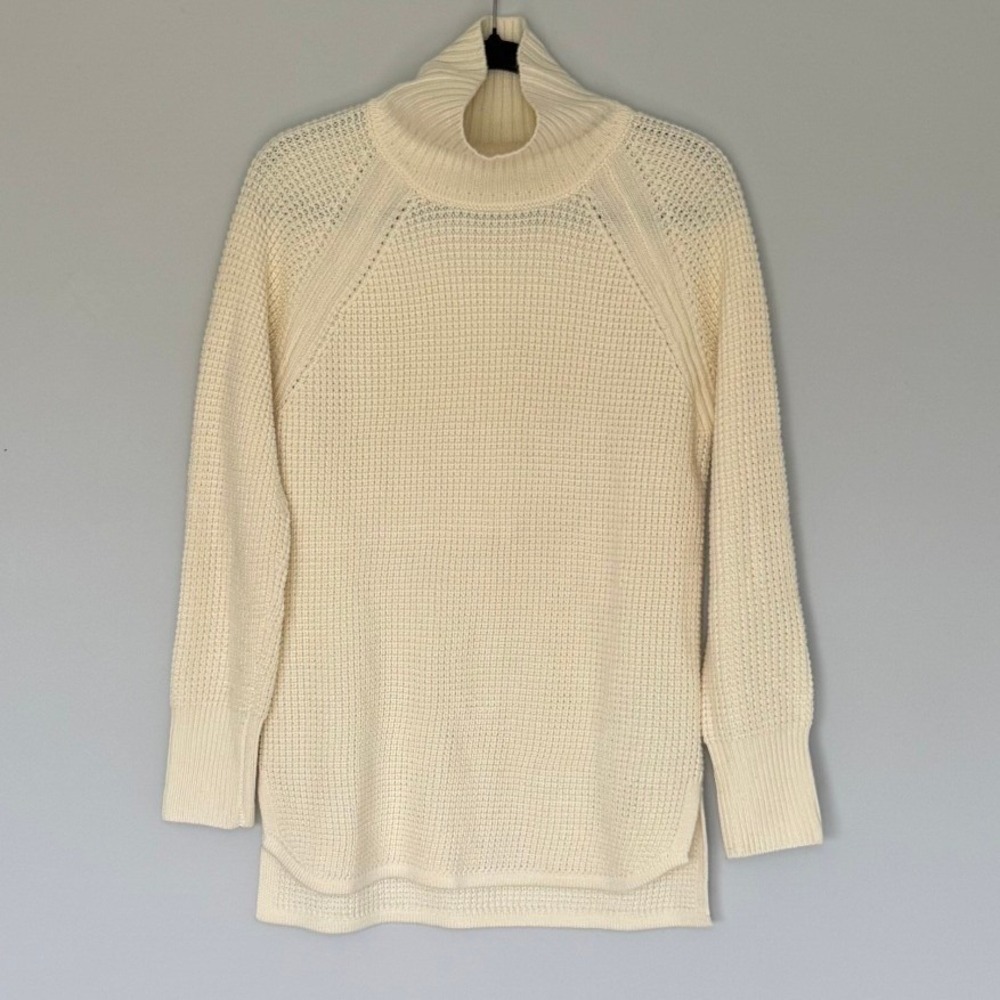 Banana Republic Waffle Knit Tunic Sweater Cream Ivory Wool Blend Turtleneck M